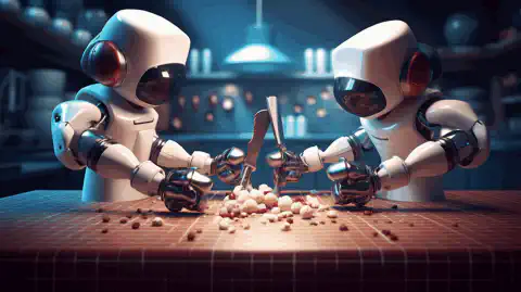 Symboliczny obraz przedstawiający trzy narzędzia do automatyzacji, Ansible, Puppet i Chef, zaangażowane w przyjazną rywalizację.