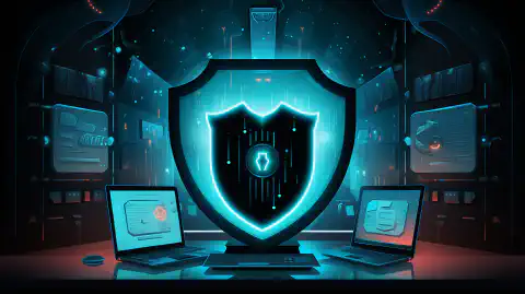 Animowana ilustracja przedstawiająca tarczę chroniącą system komputerowy przed różnymi cyberzagrożeniami.