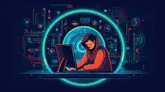 Animowana ilustracja przedstawiająca hakera korzystającego z komputera i szkła powiększającego w celu przedstawienia eksploracji i analizy luk i exploitów w systemach komputerowych.