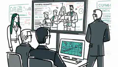 Animowany obraz grupy pracowników zgromadzonych wokół komputera lub eksperta ds. bezpieczeństwa wyjaśniającego koncepcje cyberbezpieczeństwa na tablicy.