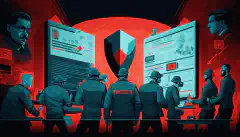 Ilustrowany obraz zespołu specjalistów ds. cyberbezpieczeństwa współpracujących ze sobą w celu zareagowania na incydent bezpieczeństwa, z czerwoną ikoną alarmu w tle, wskazującą na pilność sytuacji.