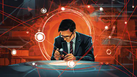 Ilustracja przedstawiająca inżyniera sieciowego używającego szkła powiększającego do analizy połączeń sieciowych i rozwiązywania problemów.
