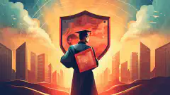 Ilustracja przedstawiająca osobę trzymającą czapkę absolwenta z tarczą reprezentującą cyberbezpieczeństwo, symbolizującą potrzebę edukacji i umiejętności w dziedzinie cyberbezpieczeństwa. --aspect 16:9