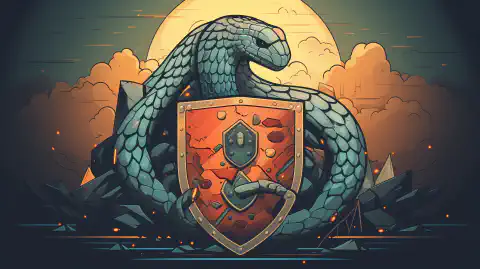 Ilustracja tarczy chroniącej kod i dane Pythona, symbolizująca najlepsze praktyki bezpieczeństwa Pythona.