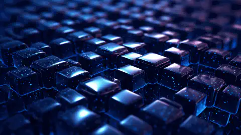 Obraz przedstawiający połączone ze sobą bloki tworzące łańcuch, reprezentujący technologię blockchain.