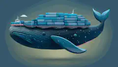 Obraz statku towarowego, w kształcie niebieskiego wieloryba, przewożącego wiele kontenerów Docker