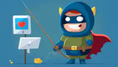 Obraz postaci z kreskówki w kostiumie superbohatera i z tarczą blokującą wędkę, na której znajduje się e-mail phishingowy.