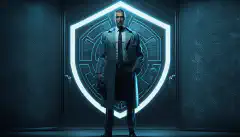 Obraz lekarza stojącego przed tarczą z symbolem kłódki, która ma symbolizować ochronę danych pacjentów przed zagrożeniami cybernetycznymi.