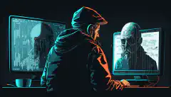 Obraz osoby siedzącej przy komputerze z zatroskanym wyrazem twarzy, podczas gdy na ekranie wyświetlany jest haker lub cyberprzestępca, przedstawiający niebezpieczeństwa związane z zagrożeniami cybernetycznymi i znaczenie bezpieczeństwa cybernetycznego