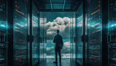 Obraz serwerowni z regałami serwerów po jednej stronie i chmurą po drugiej, z osobą stojącą na środku i patrzącą na nie obie.