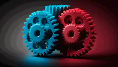 Obraz trzech kół zębatych w kolorach czerwonym, niebieskim i niebieskim, zazębiających się i obracających razem, aby symbolizować ich integrację i współpracę w automatyzacji procesów cyberbezpieczeństwa