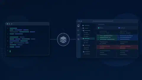 Terminal i desktopowe środowiska programistyczne połączone z symbolem repozytorium, z turkusowymi i niebieskimi akcentami