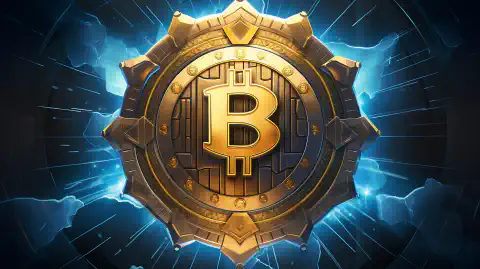 Symboliczna grafika przedstawiająca tarczę, reprezentującą transformację Bitcoina w potężną technologię bezpieczeństwa elektro-cybernetycznego.