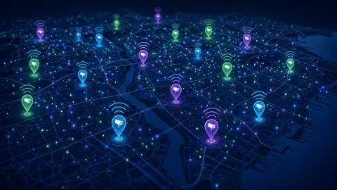 Interaktywna mapa wyświetlająca kolorowe znaczniki wskazujące lokalizacje kamer Flock Safety ALPR, z abstrakcyjnymi sygnałami WiFi emanującymi ze znaczników na ciemnym tle.
