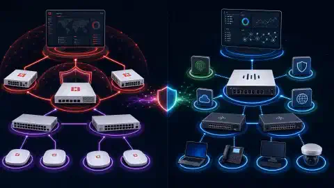 Ilustracja przedstawiająca dwie architektury zabezpieczeń sieciowych. Po lewej komponenty Fortinet, takie jak zapory FortiGate i FortiSwitch, połączone ze sobą. Po prawej rozwiązania Cisco, takie jak Secure Firewall i przełączniki Catalyst, na ciemnym tle.