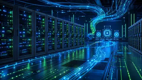 Futurystyczne centrum danych z gęstymi szafami serwerowymi, świecącymi ścieżkami sieciowymi i ciemnoniebieską atmosferą techniczną