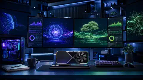 Stacja robocza pokazująca wybór lokalnego modelu AI, użycie pamięci GPU i okna kontekstu agenta kodującego