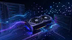 Ilustracja lokalnego środowiska programistycznego AI z kartą NVIDIA RTX 4060 Ti otoczoną świetlnymi strumieniami danych i fragmentami kodu na ciemnym tle.