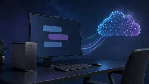 Lokalna stacja robocza AI połączona z usługą chmurową przez widoczne ścieżki danych