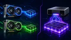 Ilustracja pokazuje dwie karty graficzne NVIDIA RTX 5060 Ti po lewej i system NVIDIA GB10 po prawej, wyróżnione na ciemnym tle żywymi kolorami.