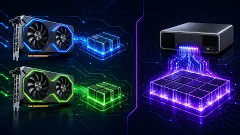 Ilustracja pokazuje dwie karty graficzne NVIDIA RTX 5060 Ti po lewej i system NVIDIA GB10 po prawej, wyróżnione na ciemnym tle żywymi kolorami.
