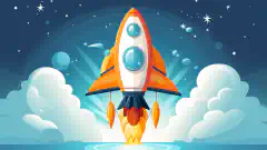 Wesoła rakieta z kreskówki lecąca po niebie z tekstem OrangeWebsite na boku, symbolizująca szybki i bezpieczny hosting.