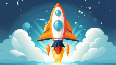 Wesoła rakieta z kreskówki lecąca po niebie z tekstem OrangeWebsite na boku, symbolizująca szybki i bezpieczny hosting.