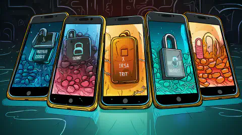 Ilustracja czterech smartfonów, z których każdy reprezentuje Session, Status, Signal i Threema, zabezpieczonych zamkami, podkreślając ich koncentrację na bezpiecznym przesyłaniu wiadomości.