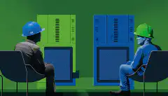 Dwa serwery naprzeciwko siebie, jeden niebieski, drugi zielony. Po niebieskiej stronie stoi osoba ubrana w kask i kamizelkę ochronną. Po zielonej stronie osoba siedząca na kanapie.