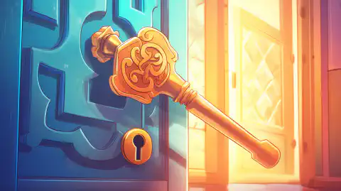 Kolorowa kreskówkowa ilustracja klucza otwierającego drzwi reprezentuje moc GVLK w odblokowywaniu pełnego potencjału systemu Windows.